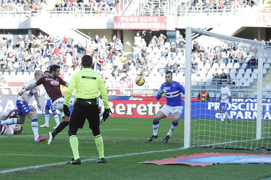 Il tocco vincente di Fabio Quagliarella per l&#39;1-0 Torino. LaPresse